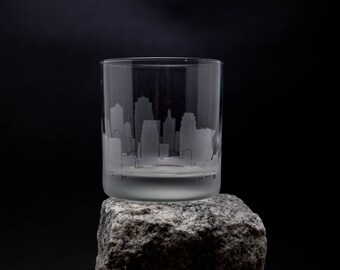 Kansas City Missouri Skyline Etched Old Fashioned Rocks Whiskey Cocktail Glass  Barware Gift Personalized Engraved Cityscape Cup