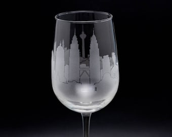 Kuala Lumpur Malaysia Skyline Wine Glass Tumbler & Stemless Wine Glass Etched Gift Custom Stemware - Personalized Engraved Modern Cityscape
