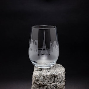 Paris France Skyline Wine Glass Tumbler & Stemless Wine Glass Etched Gift - Custom Stemware - Personalized Engraved Modern Cityscape
