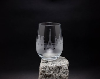 Paris France Skyline Wine Glass Tumbler & Stemless Wine Glass Etched Gift - Custom Stemware - Personalized Engraved Modern Cityscape