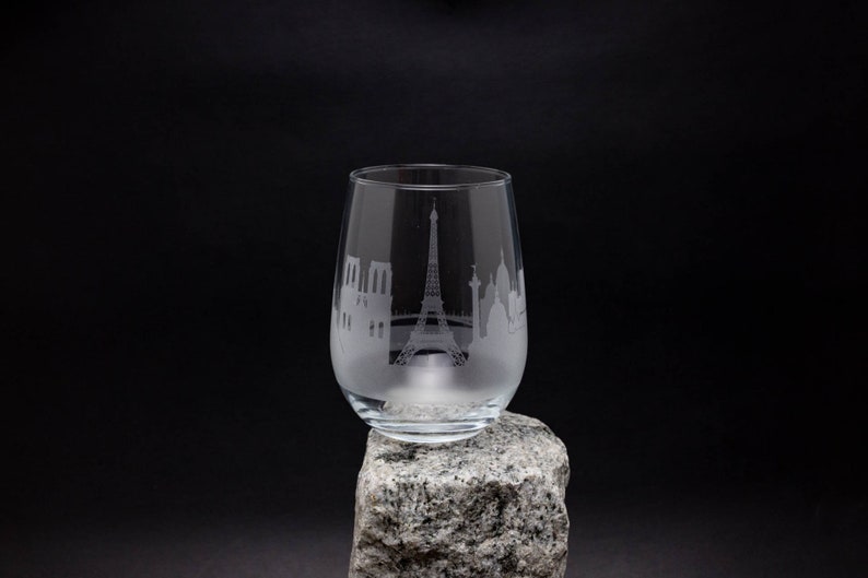 Paris France Skyline Wine Glass Tumbler & Stemless Wine Glass Etched Gift Custom Stemware Personalized Engraved Modern Cityscape image 1