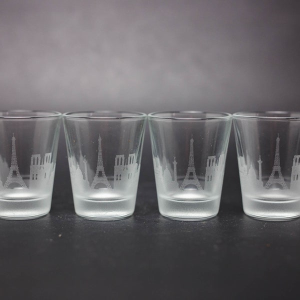 Paris France Skyline set of 4 - 2 oz. shot glasses - custom barware gifts - city glassware personalized modern engraved cityscape