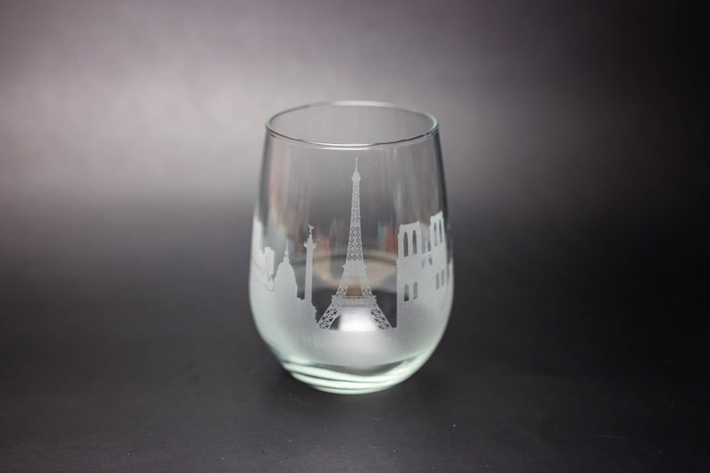 Paris France Skyline Wine Glass Tumbler & Stemless Wine Glass Etched Gift Custom Stemware Personalized Engraved Modern Cityscape image 2