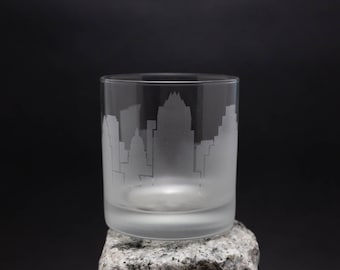 Austin Texas Skyline Custom Etched Old Fashioned Rocks Whiskey Cocktail Glass Barware Gift Personalized Engraved Cityscape Cup