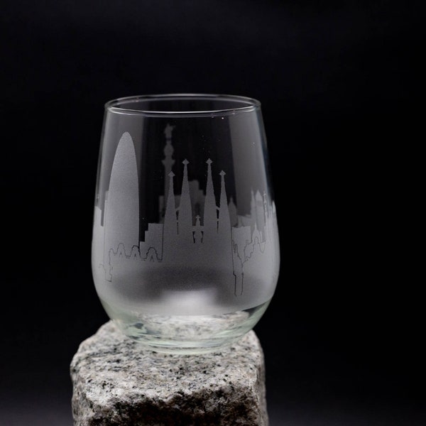 Barcelona Spain Skyline Wine Glass Tumbler & Stemless Wine Glass Etched Gift - Custom Stemware - Personalized Engraved Modern Cityscape