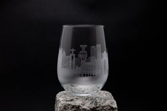 Lisbon Portugal Skyline Wine Glass & Stemless Goblet -  FREE Personalization - Urban Traveler Souvenir - Etched City Landmark Map Keepsake
