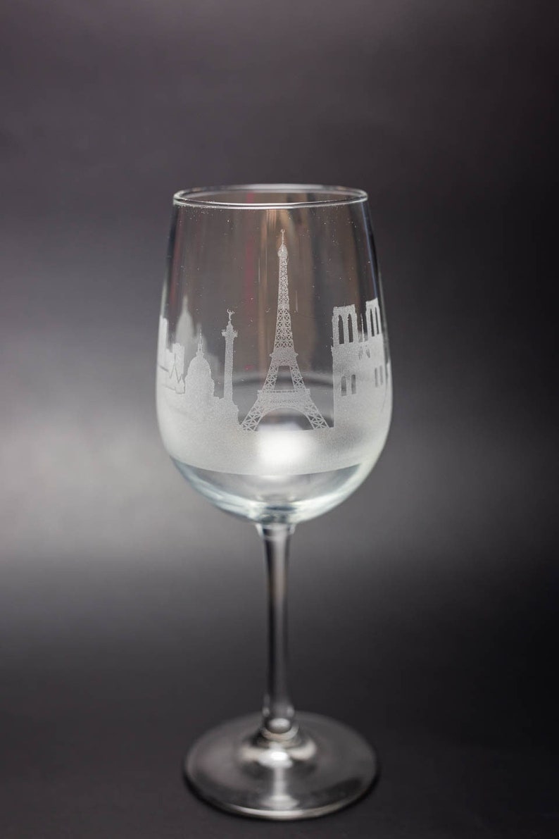 Paris France Skyline Wine Glass Tumbler & Stemless Wine Glass Etched Gift Custom Stemware Personalized Engraved Modern Cityscape image 6