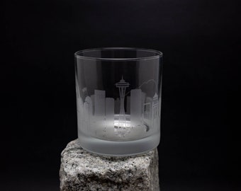 Seattle Washington Skyline Custom Etched Old Fashioned Rocks Whiskey Cocktail Glass Barware Gift Personalized Engraved Cityscape Cup