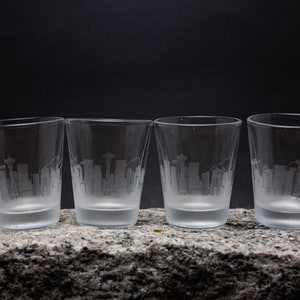 Seattle Washington Skyline set of 4 - 2 oz. shot glasses - custom barware gifts - FREE Personalization - modern engraved cityscape
