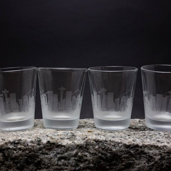 Seattle Washington Skyline set of 4 - 2 oz. shot glasses - custom barware gifts - city glassware personalized modern engraved cityscape