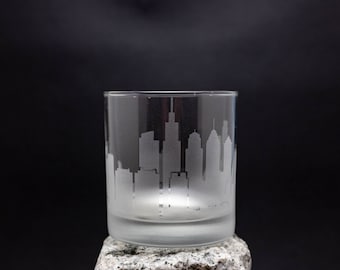 Philadelphia  Pennsylvania Skyline Etched Old Fashioned Rocks Whiskey Cocktail Glass  Barware Gift Personalized Engraved Cityscape Cup