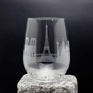 Paris Frankreich Skyline Weinglas & Stemless Becher - KOSTENLOSE Personalisierung - Urban Traveller Souvenir - Geätztes Wahrzeichen der Stadt Andenken
