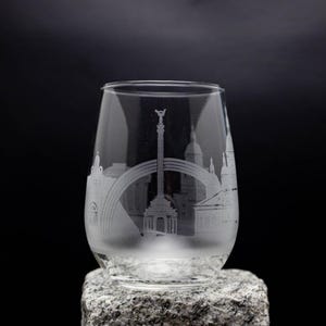 Kyiv/Kiev Ukraine Skyline Wine Glass & Stemless Goblet -  FREE Personalization - Urban Traveler Souvenir - Etched City Landmark Map Keepsake