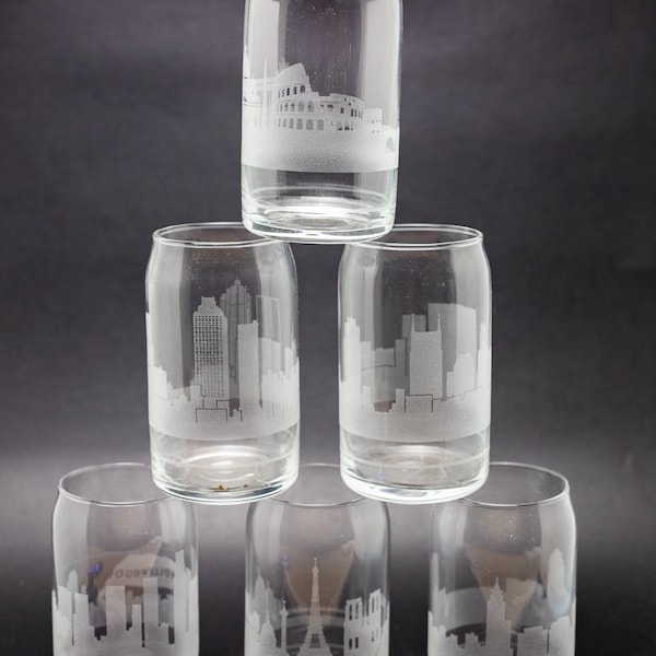 Request A Skyline Custom Etched Glass Can - Iced Coffee Cup - Glass Beer Can - Custom Panoramic City Design - Please Read Listing Details