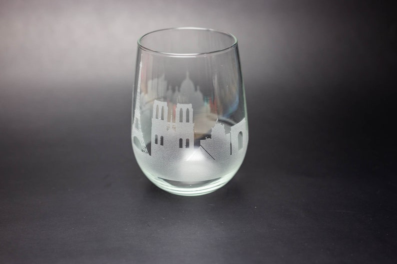 Paris France Skyline Wine Glass Tumbler & Stemless Wine Glass Etched Gift Custom Stemware Personalized Engraved Modern Cityscape image 3