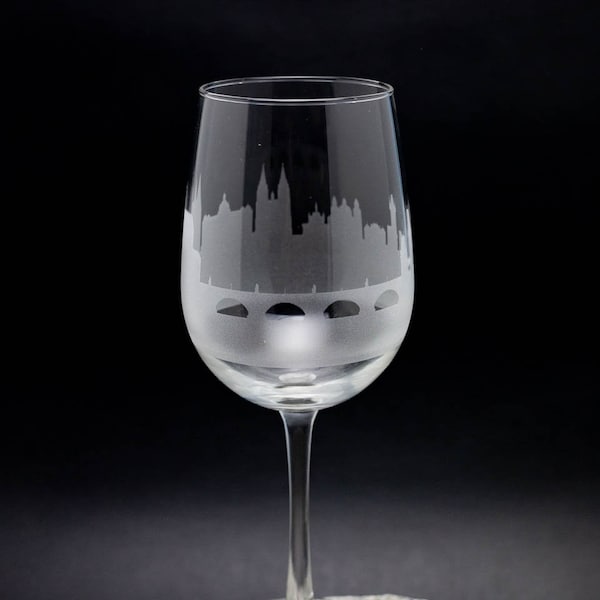 Prague Czech Republic Skyline Wine Glass Tumbler & Stemless Wine Glass  Etched Gift Custom Stemware - Personalized Engraved Modern Cityscape