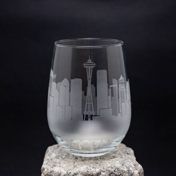 Seattle  Washington Skyline Wine Glass Tumbler & Stemless Wine Glass Etched Gift - Custom Stemware - Personalized Engraved Modern Cityscape