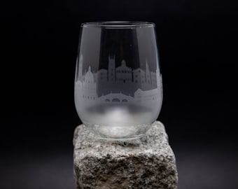 Oxford England Skyline Wine Glass Tumbler & Stemless Wine Glass Etched Gift - Custom Stemware - Personalized Engraved Modern Cityscape