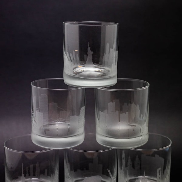 Request A Skyline Custom Etched Old Fashioned Rocks Whiskey Glass Barware Gift  set- Please Read Listing Personalized Engraved Cityscape Cup
