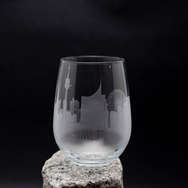 Vienna Austria Skyline Wine Glass Tumbler & Stemless Wine Glass Etched Gift - Custom Stemware - Personalized Engraved Modern Cityscape