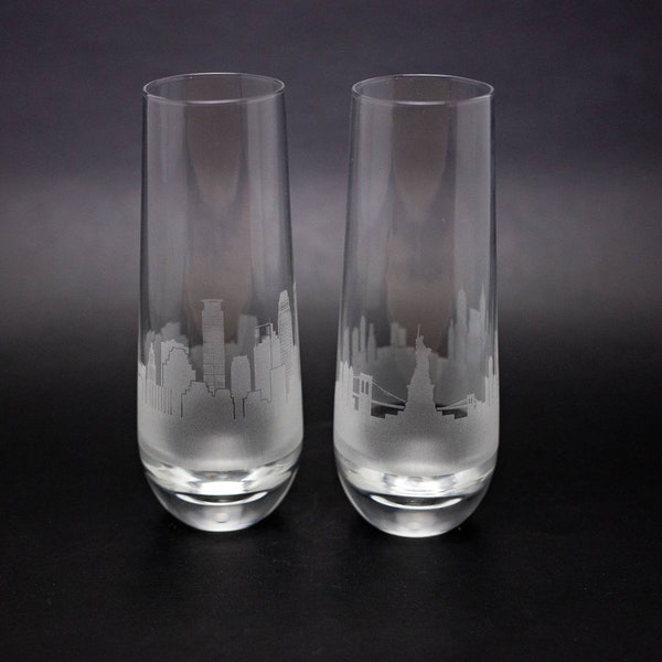 Request A Skyline Custom Etched Stemless Champagne Flute Toasting Glass Etched Gift Custom Engraved Cityscape Please Read Listing Details