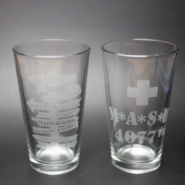 M*A*S*H 4077th (MASH) Etched Pint Glass M*A*S*H Beer Glass Set (Set of 2) Custom Engraved