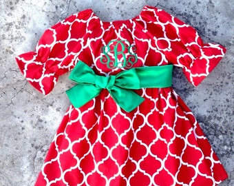 monogram Girls christmas outfit, baby girl christmas dress, toddler christmas dress, baby girl clothes, red quatrefoil dress and green sash