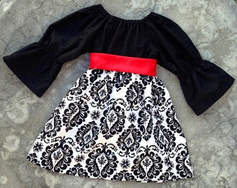 Baby girl Christmas outfit - girl Christmas dress - monogram baby girl dress - baby girl outfit for pictures - boutique damask black white