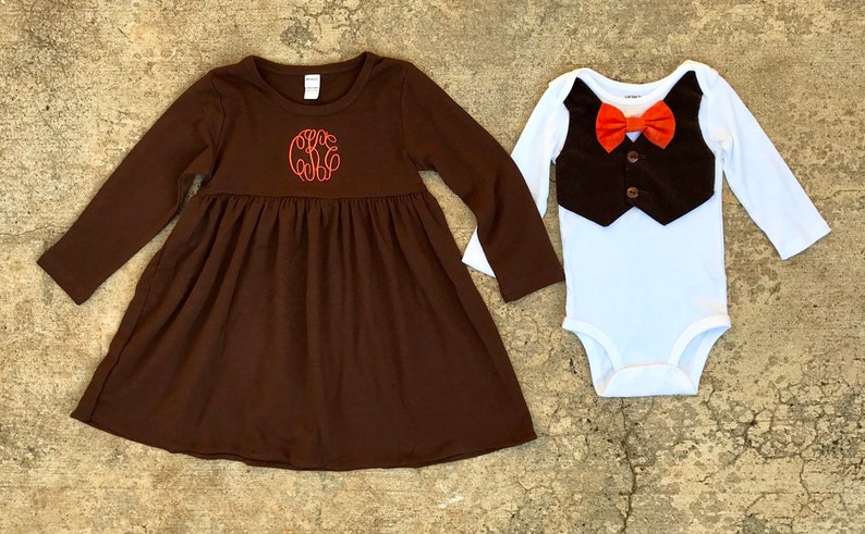 baby boy orange bow tie corduroy vest girls monogram brown dress Brother Sister Matching thanksgiving outfits orange and brown fall outfit