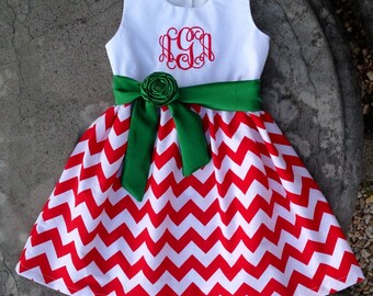 Girls Christmas Dress , girl baby Christmas dress , red chevron dress , monogram baby girl Christmas dress , Christmas outfit baby girl