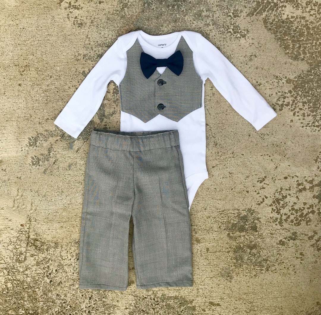Baby Boys Light Gray Suit Navy Bow Tie Vest Onesie Baby Boy - Etsy