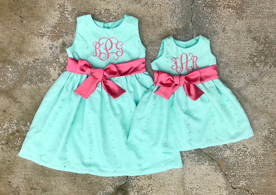 Matching Sibling Easter Outfits, Big Sister Little Sister Mint And Coral Easter Dresses, Monogrammed Dress, Mint Eyelet W/ Coral Peach Sash