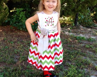 Personalized Baby girl Christmas outfit, Girls Christmas Dress Monogrammed Baby Red and Green Chevron Holiday Outfit