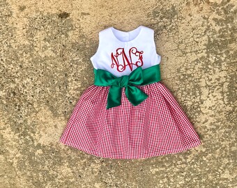 Girls red Christmas dress, monogrammed Christmas outfit, red gingham and green sash dress, baby first Christmas, baby girl clothes, toddler