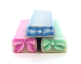 Small Pastel Bow Canes, Raw Unbaked Polymer Clay Cane,  Pink, Blue & Mint Green