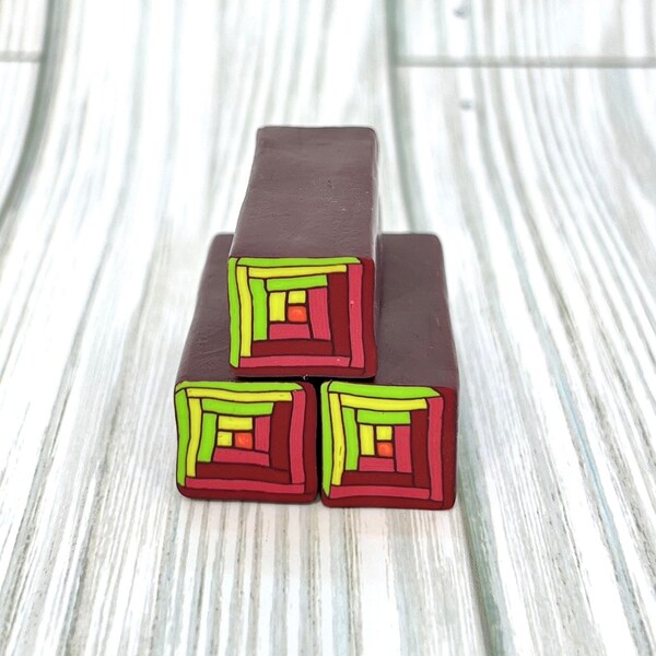 Log Cabin Pattern Cane Burgundy and Lime Green, Raw Unbaked Polymer Clay Cane