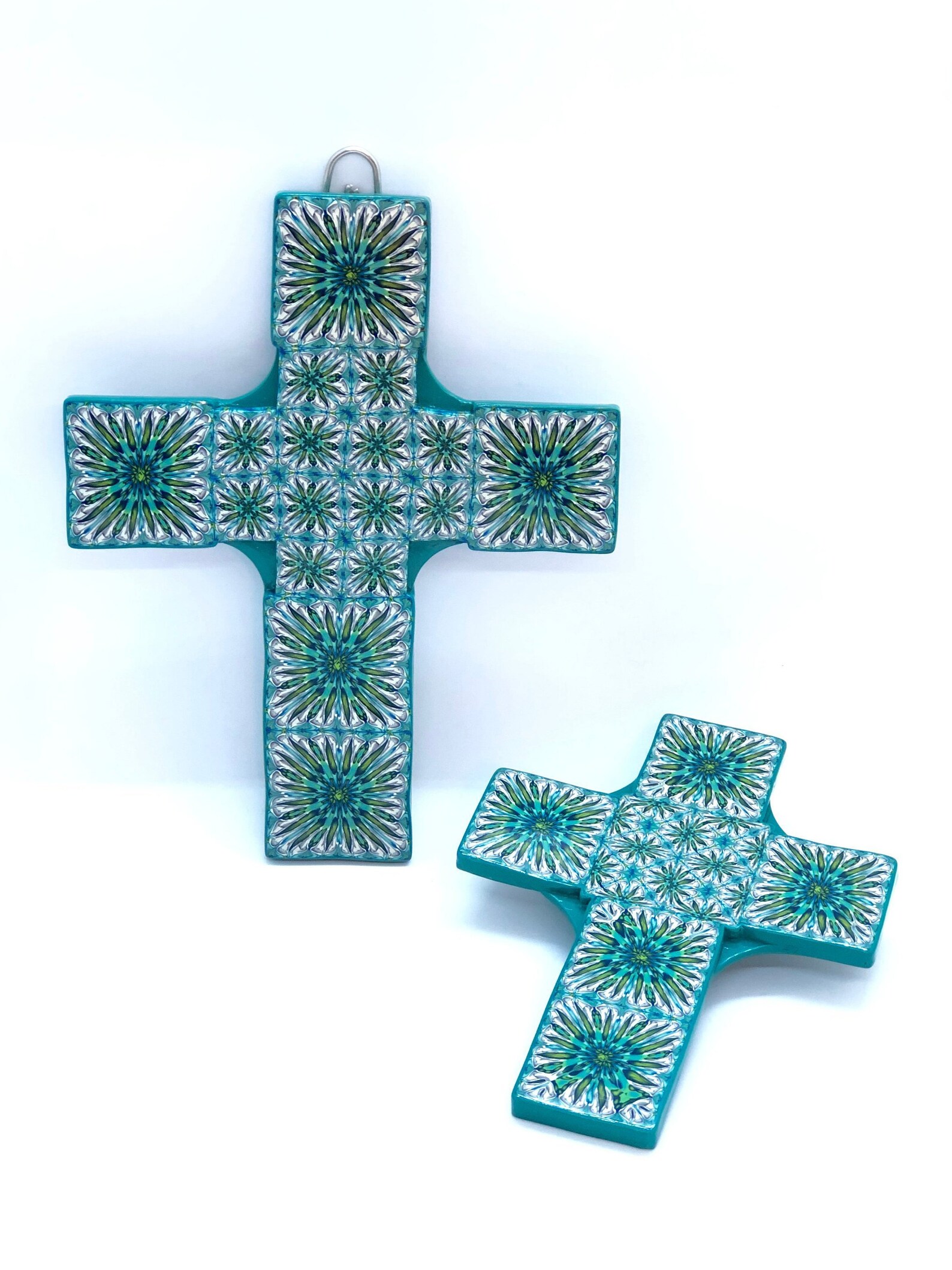 Wall Cross 7 Polymer Clay Teal Kaleidoscope Hanging Cross Etsy