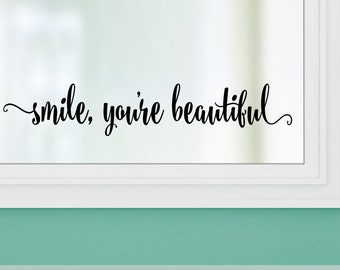 smile, you're beautiful - vinyl wall decal sticker bathroom mirror inspirational art Free Shipping - sh