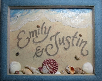 New Beach Sand Painting w Natural Seashells and Ocean Waves