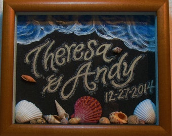 Customized Beach Sand Painting with Black Sand, Natural Seashells, and Ocean Waves