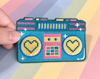 Retro Boombox iron on embroidered patch - for jacket bag vest punk alt goth accessory