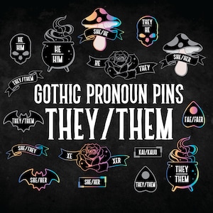 They/Them Pronoun Pins - hard enamel gothic style silver rainbow metal