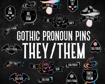 They/Them Pronoun Pins - hard enamel gothic style silver rainbow metal