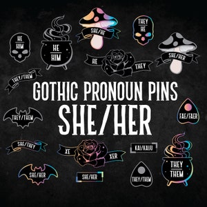 May include: A set of 14 gothic pronoun pins featuring various designs, including a skull, a bat, a rose, a mushroom, and a cauldron. Each pin has a different pronoun set, such as "she/her", "they/them", "he/him", and "fae/faer".
