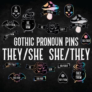 They/She She/They Pronoun Pins - hard enamel gothic style silver rainbow metal