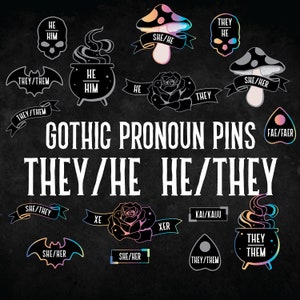 They/He He/They Pronoun Pins - hard enamel gothic style silver rainbow metal