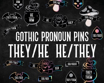 They/He He/They Pronoun Pins - hard enamel gothic style silver rainbow metal