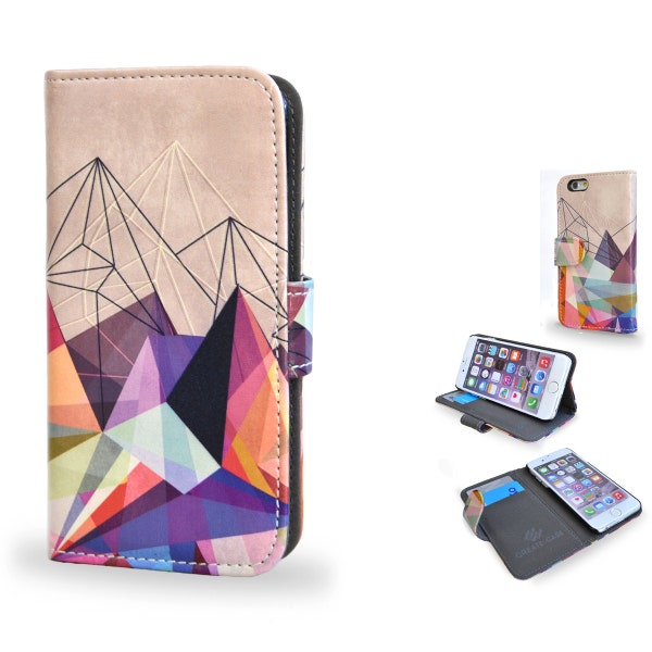 Artist Designed iPhone 4 / iPhone 5/5s wallet style flip case - artistic vegan leather wallet case with artwork "Colourflash 3" Geometric