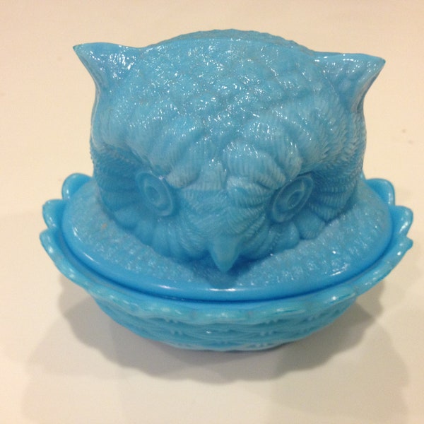 Blue milk glass covered dish Owl