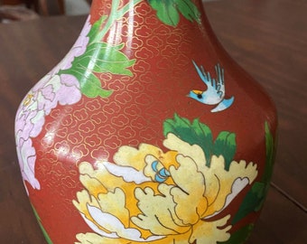 Vintage Chinese Cloisonne Vase, JINGFA Beijing Enamel Factory, Rust Color Base